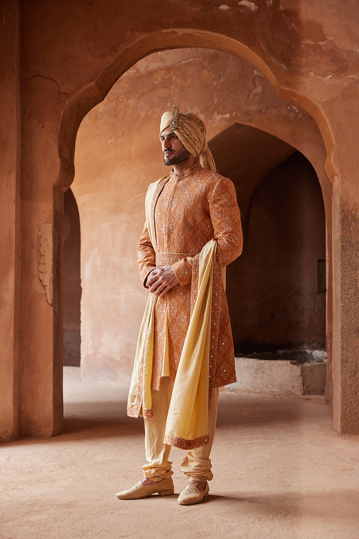 RUST MATKA SILK EMBROIDERED SHERWANI KURTA CHURIDAR SET