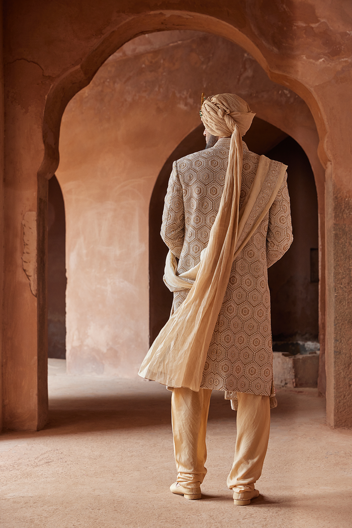 MUSTARD MATKA SILK EMBROIDERED SHERWANI KURTA CHURIDAR SET