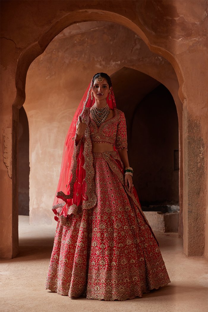 RED OMBRE DYED LEHENGA CHOLI SET