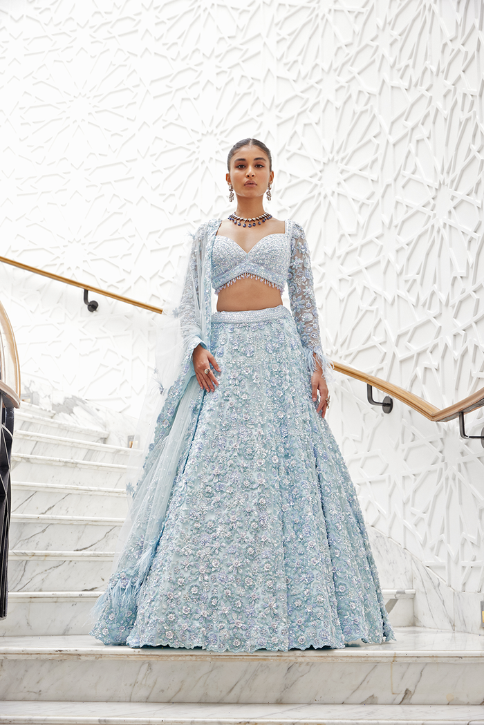 POWDER BLUE NET LEHENGA CHOLI SET