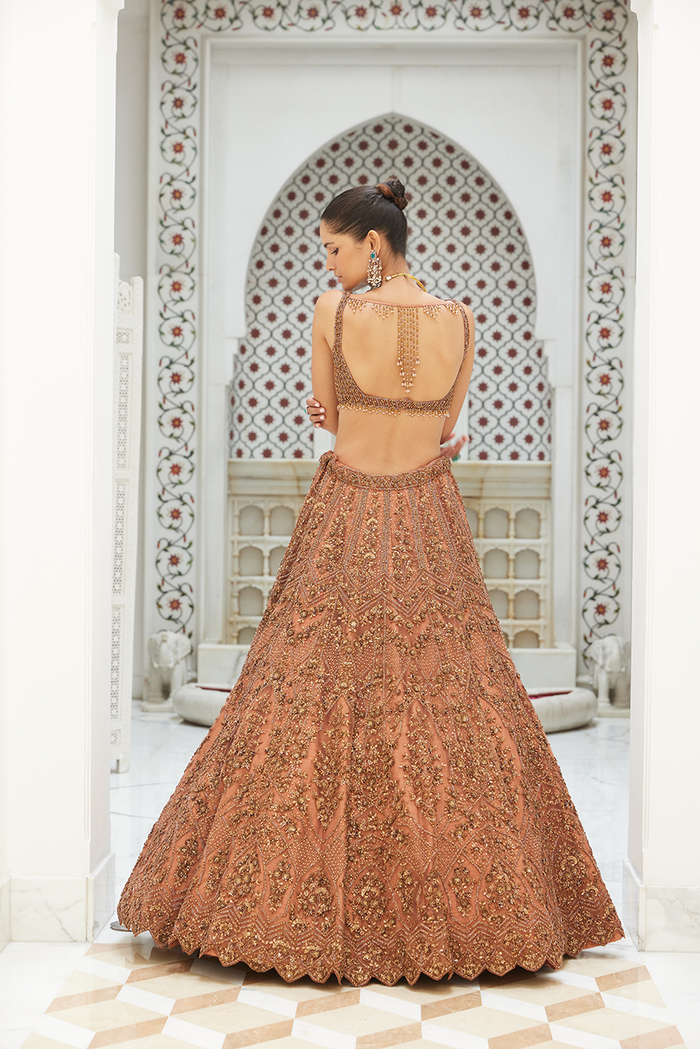 COPPER NET LEHENGA CHOLI SET WITH HEAD VEIL