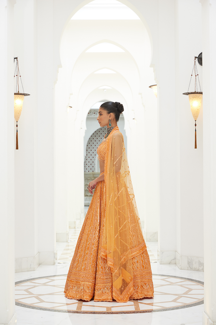 ORANGE NET LEHENGA CHOLI DUPATTA SET