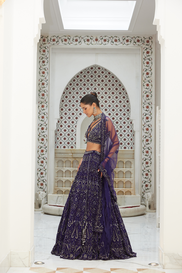 PURPLE NET LEHENGA CHOLI DUPATTA