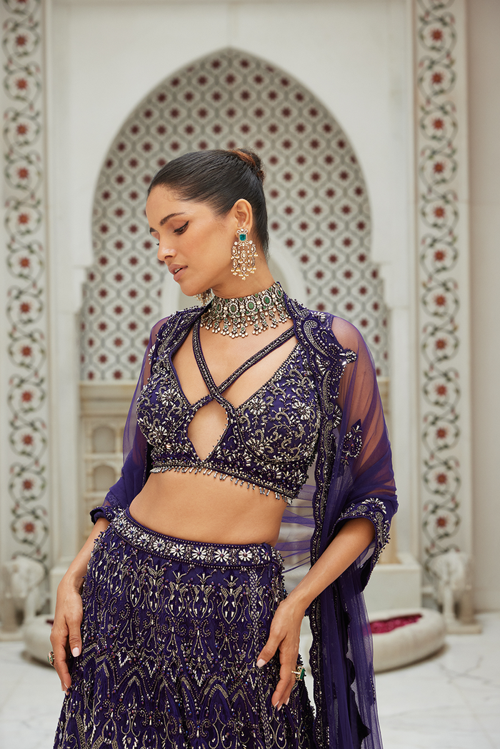 PURPLE NET LEHENGA CHOLI DUPATTA