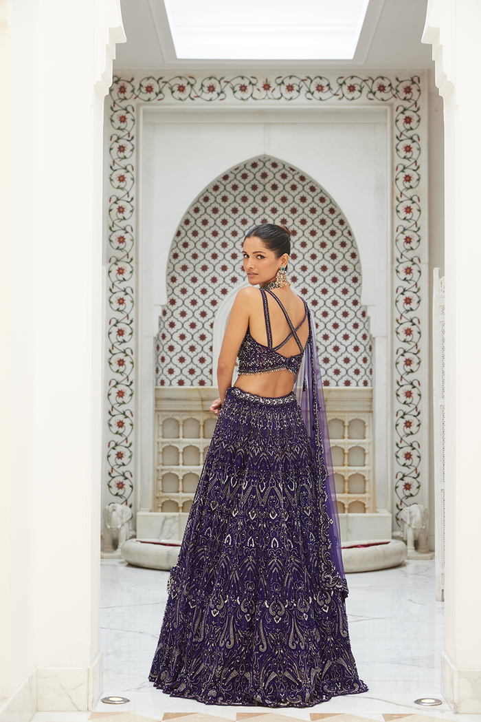 PURPLE NET LEHENGA CHOLI DUPATTA