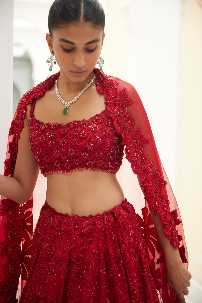 RED RAW SILK LEHENGA CHOLI SET