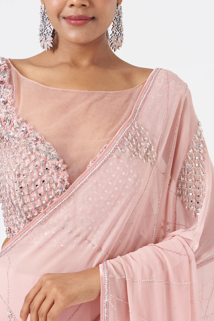 Rose Pink Georgette Saree and Tulle Blouse Set