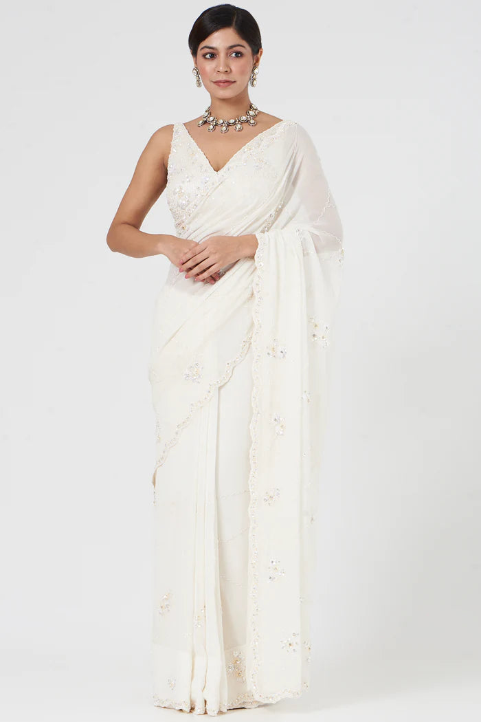 Ivory Georgette Saree Set