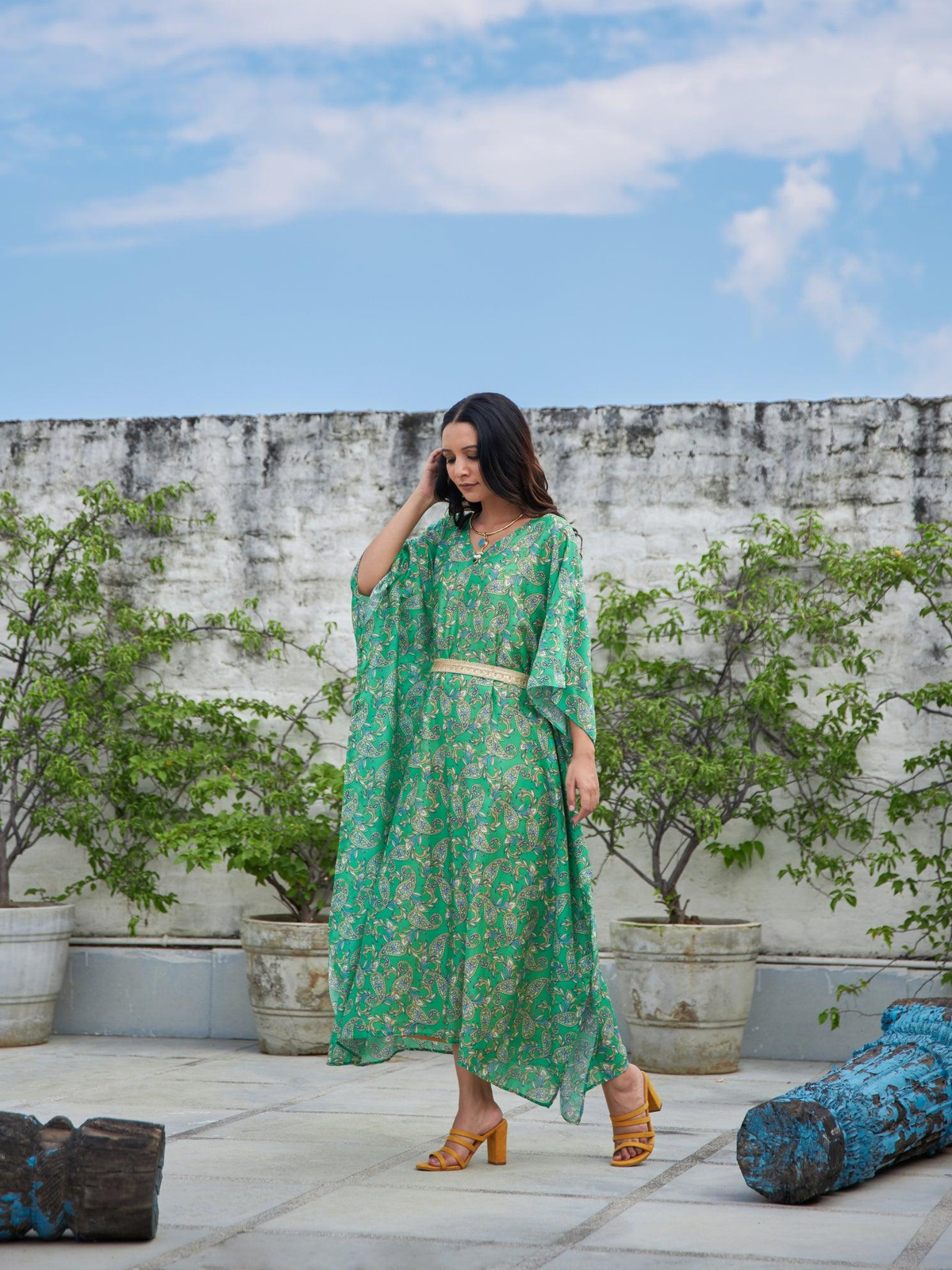 Green Paisley Kaftan With Belt