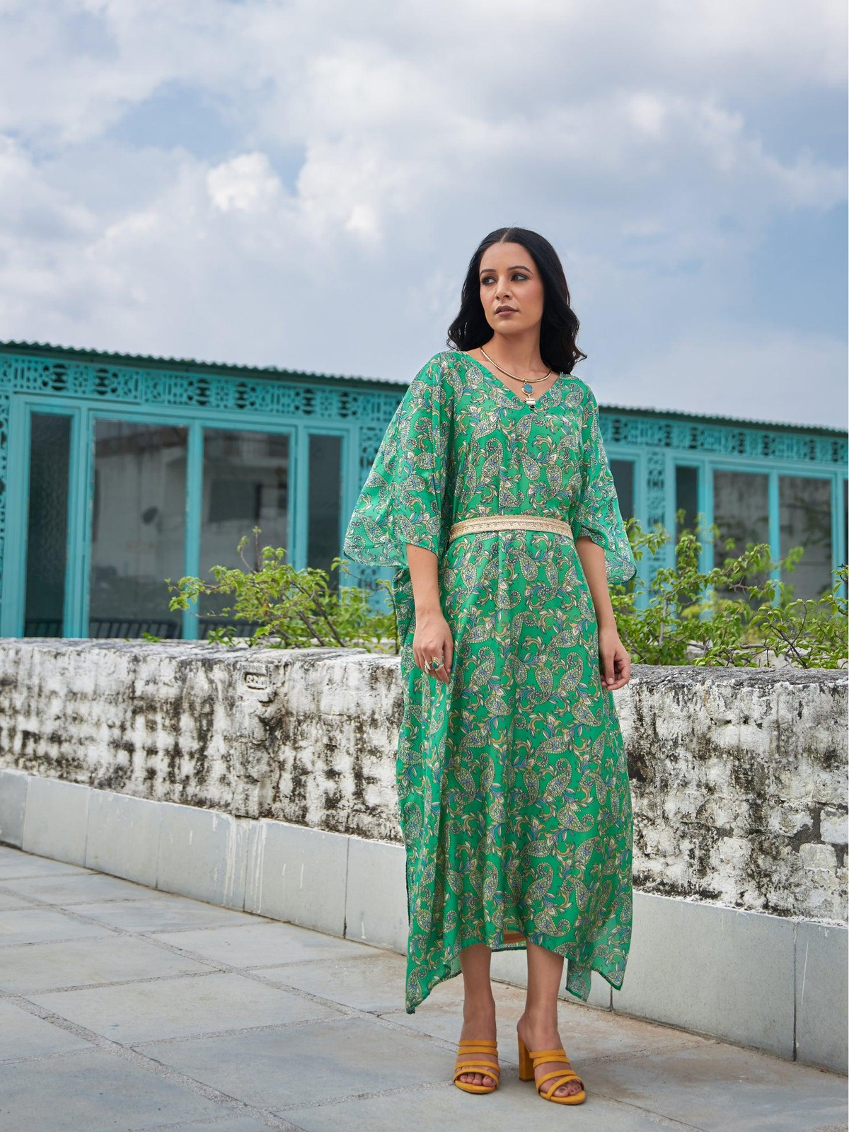 Green Paisley Kaftan With Belt