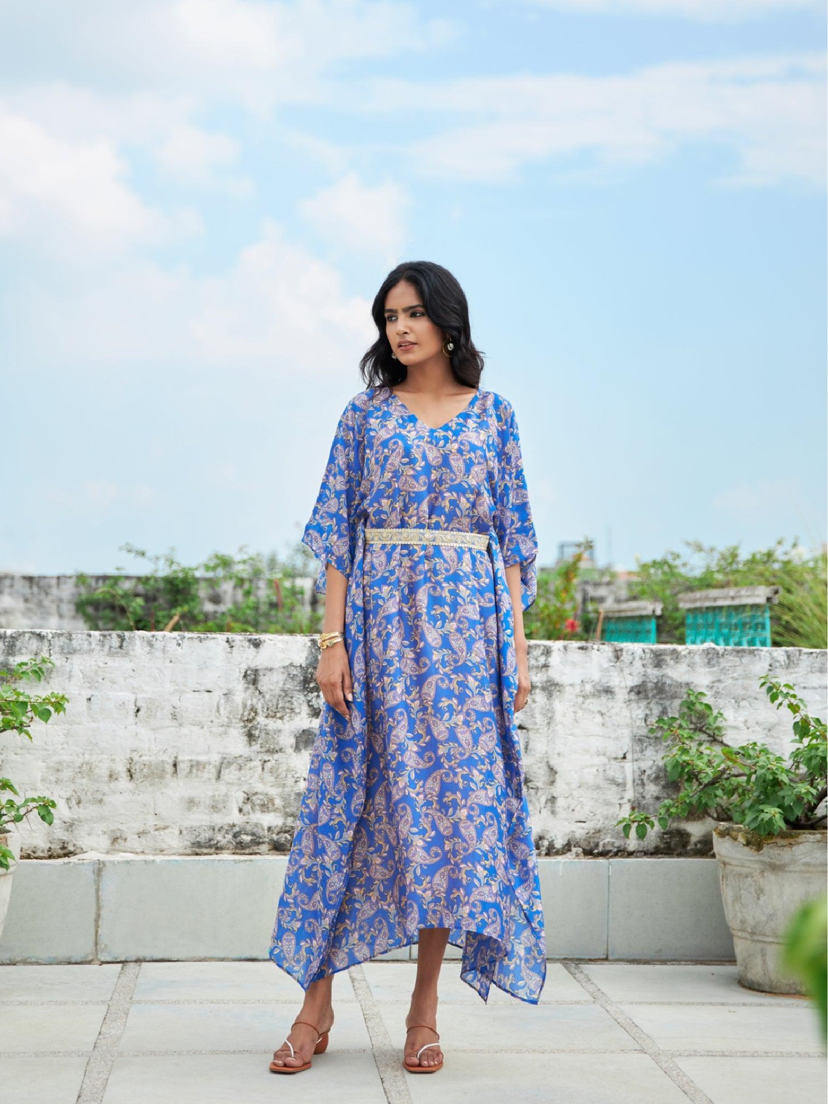 Blue Paisley Kaftan With Belt