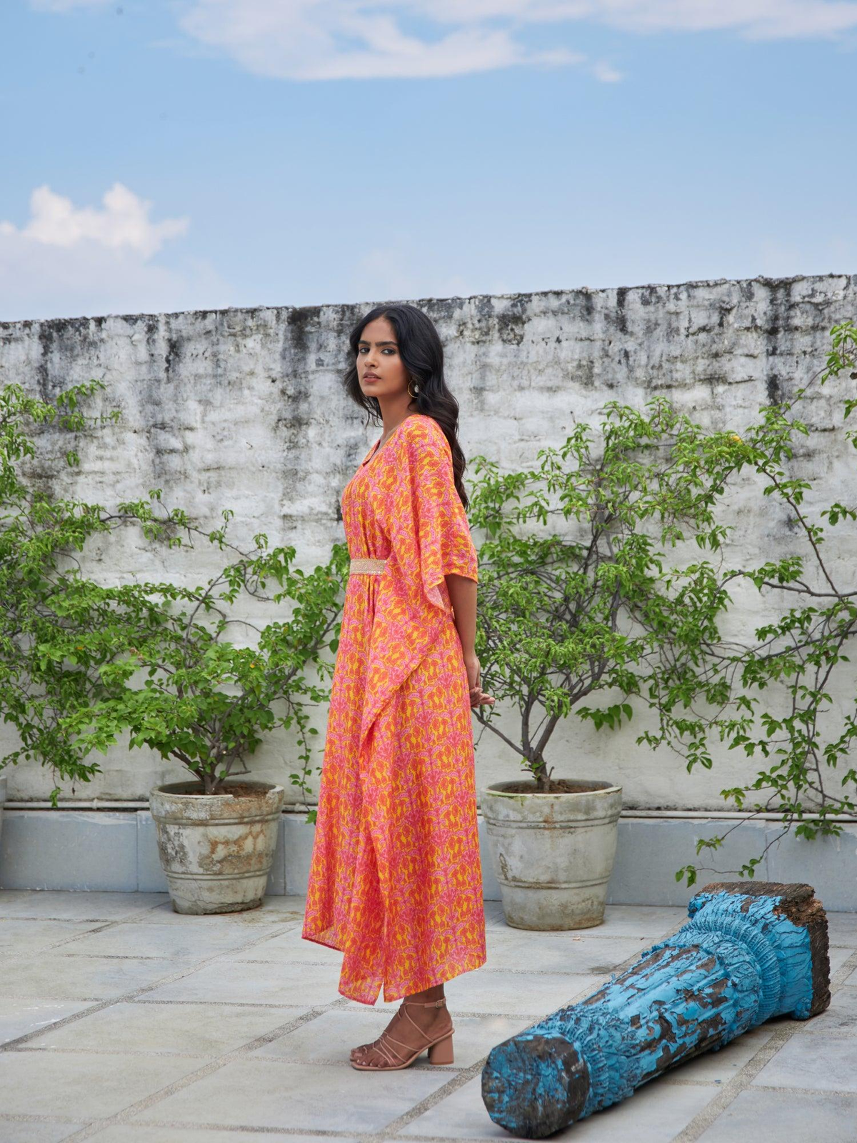 Pink Geometric Kaftan With Belt