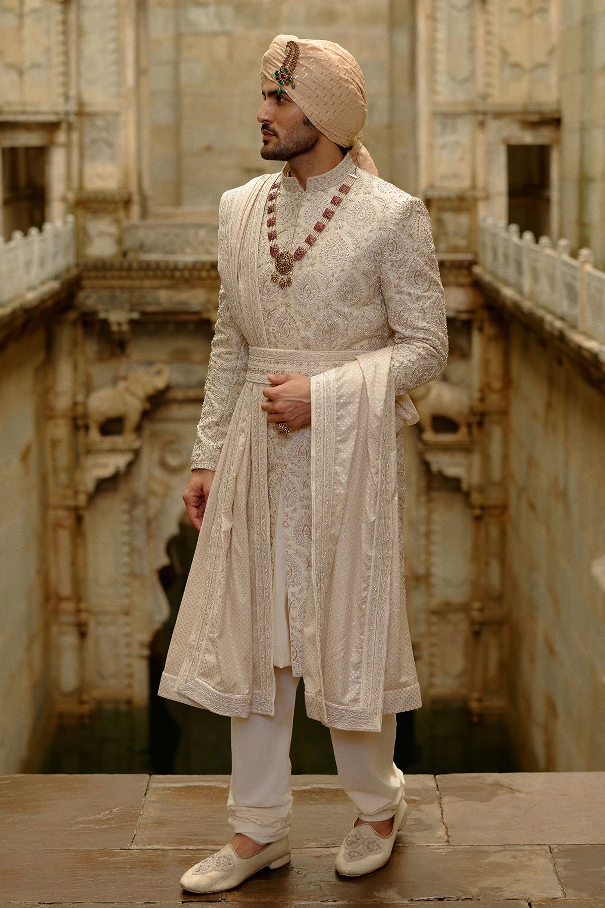 Light Beige Raw Silk Sherwani Set