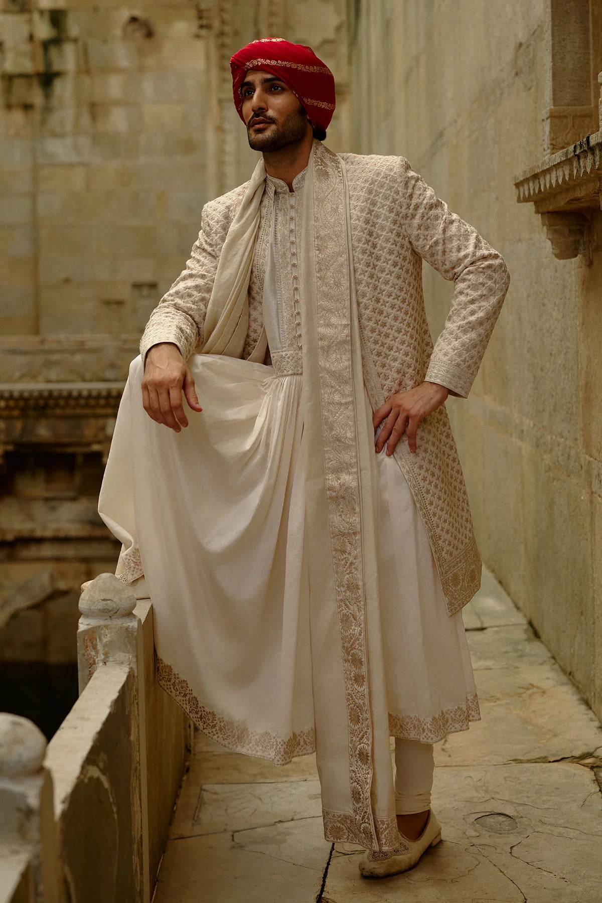 Cream Sherwani Jacket With Churidar Set