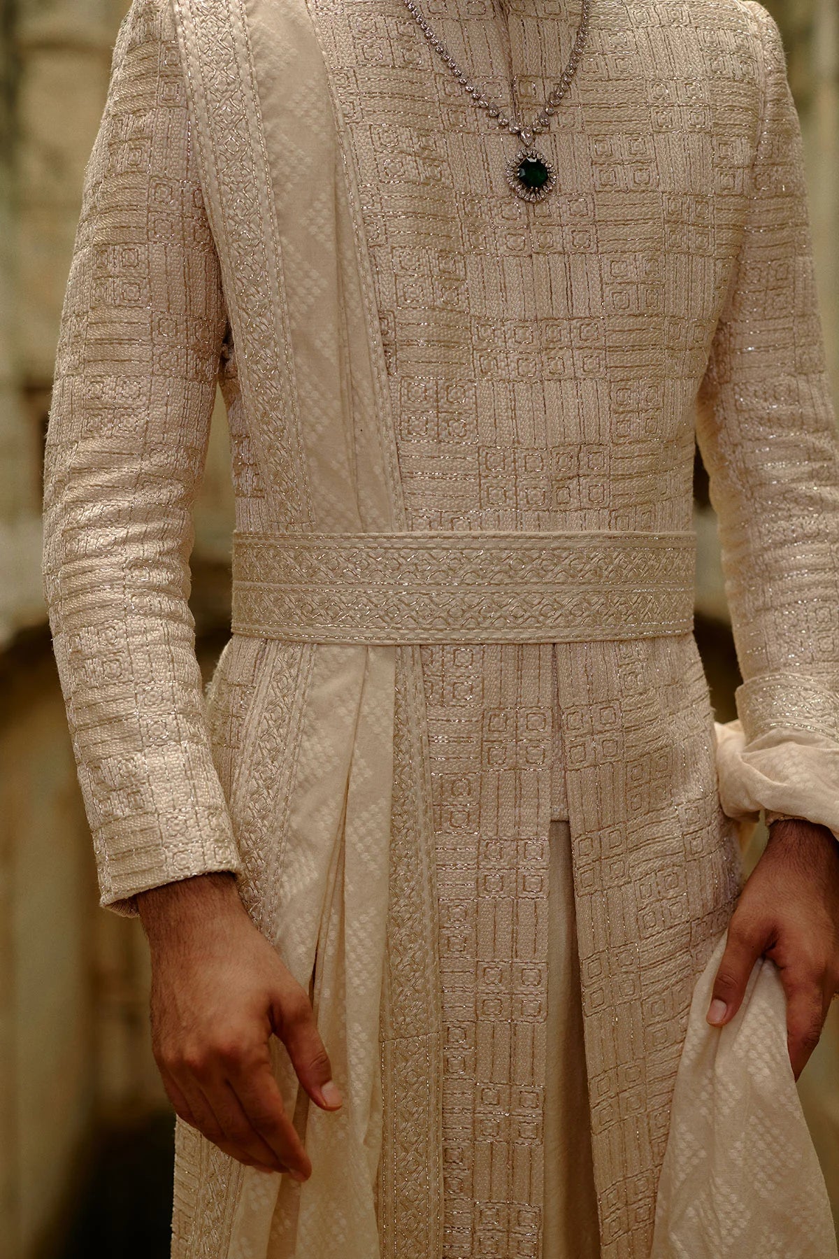 Beige Geometric Embroidered Raw Silk Sherwani Set