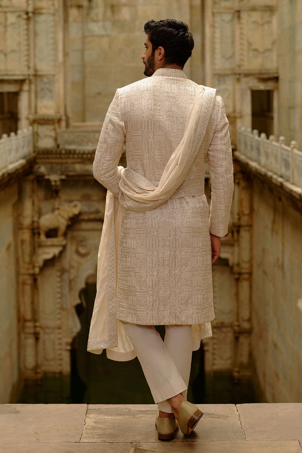Beige Geometric Embroidered Raw Silk Sherwani Set