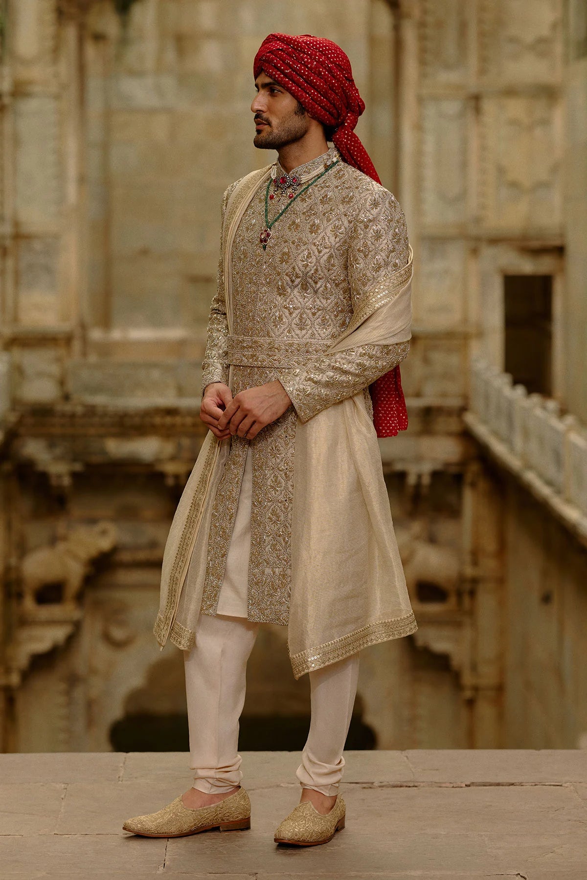 Gold Sherwani Zardozi Embroidery Set
