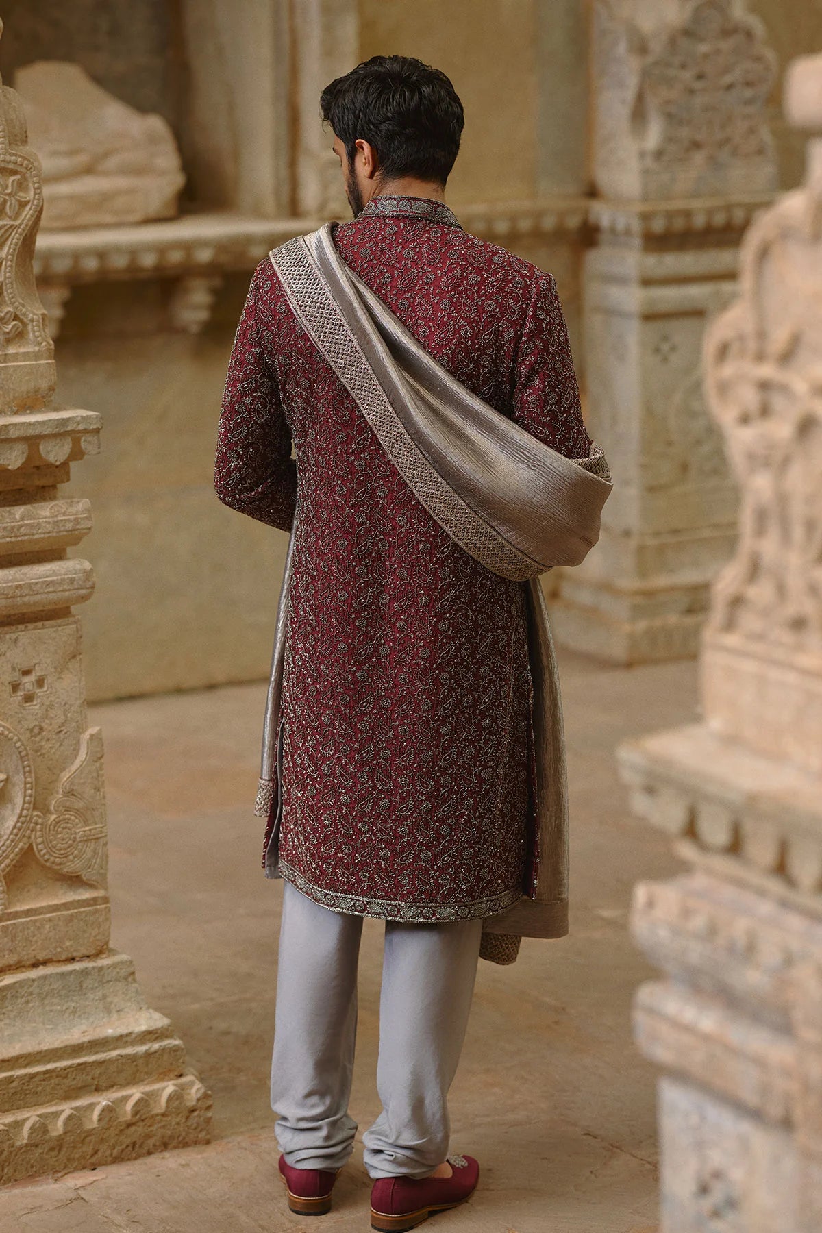 Burgundy Raw Silk Sherwani Set