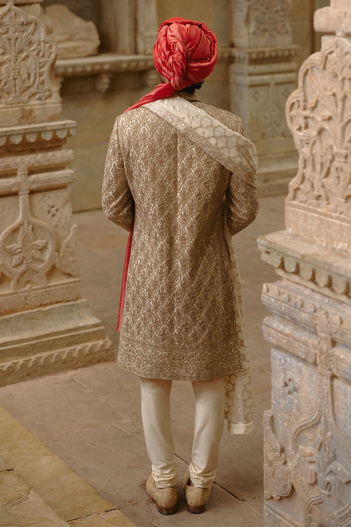 Gold Twill Woven Sherwani Gold Embroidery