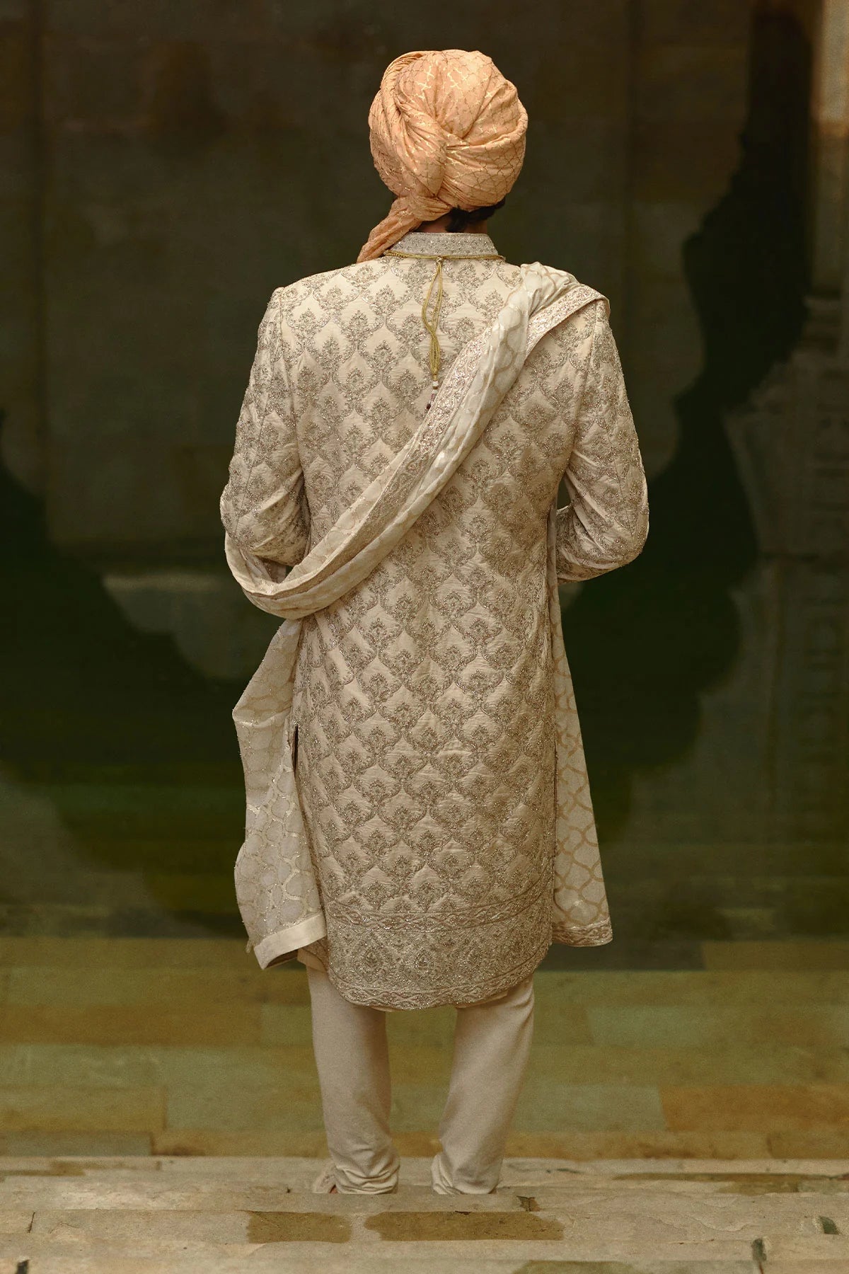 Ivory Tafetta Silk Dabka Jaal Sherwani Set