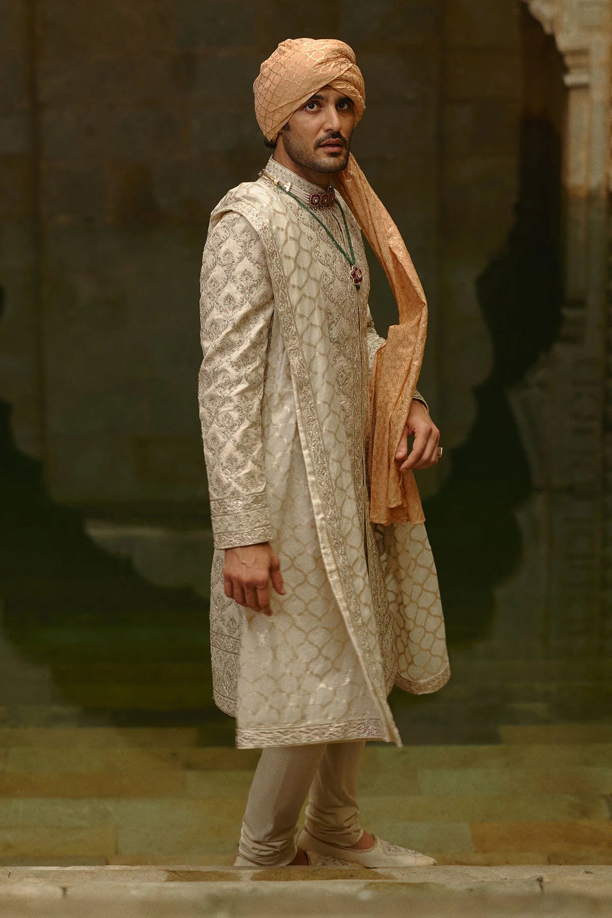 Ivory Tafetta Silk Dabka Jaal Sherwani Set