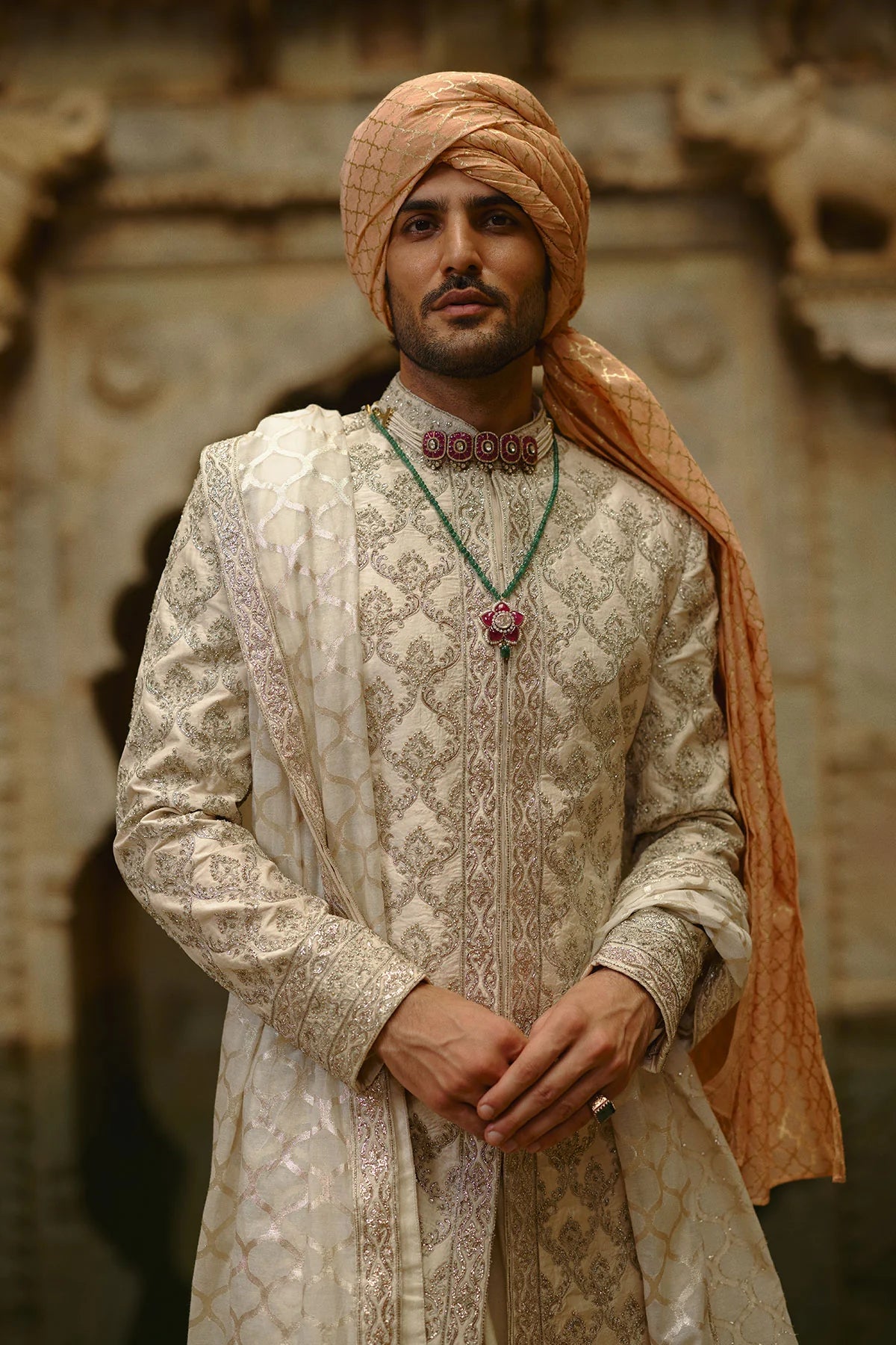 Ivory Tafetta Silk Dabka Jaal Sherwani Set