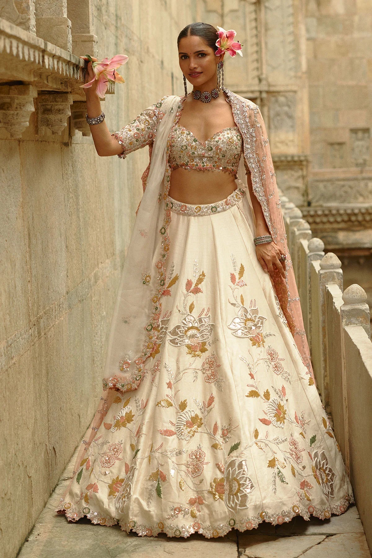 Cream Raw Silk Gota Lehenga Set