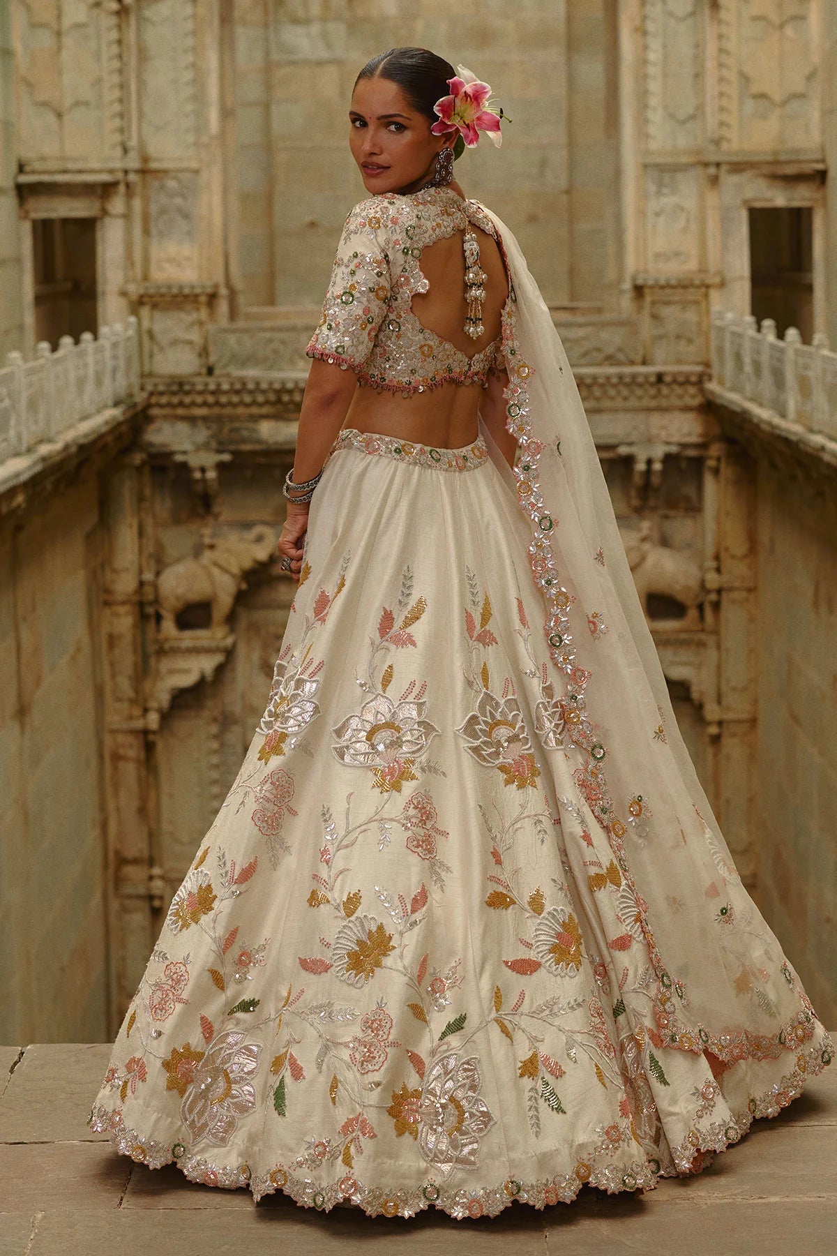 Cream Raw Silk Gota Lehenga Set
