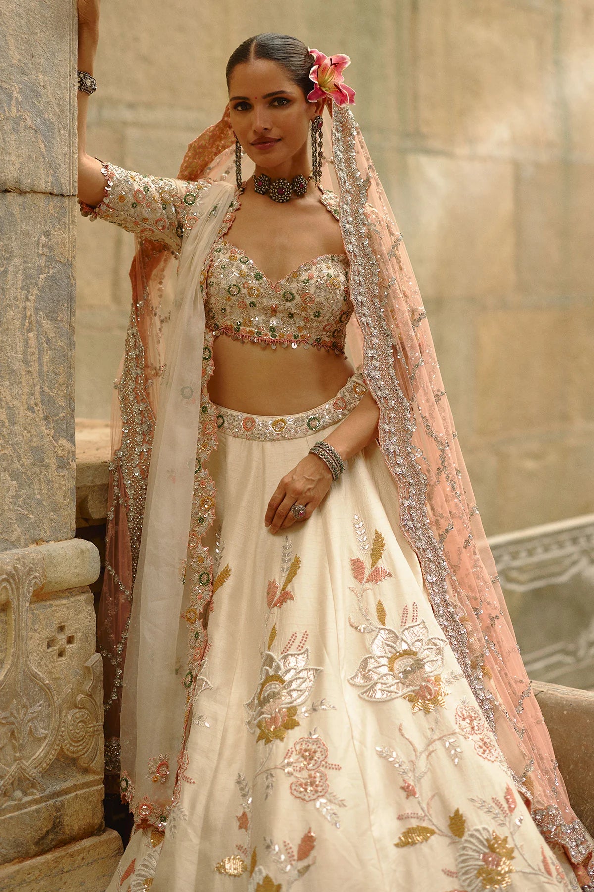 Cream Raw Silk Gota Lehenga Set