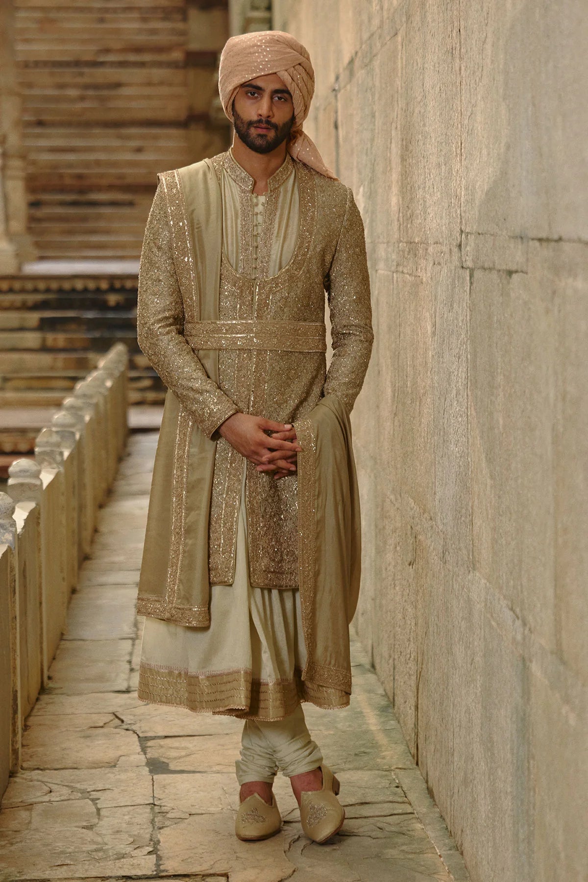 Olive Green Raw Silk Sherwani Set