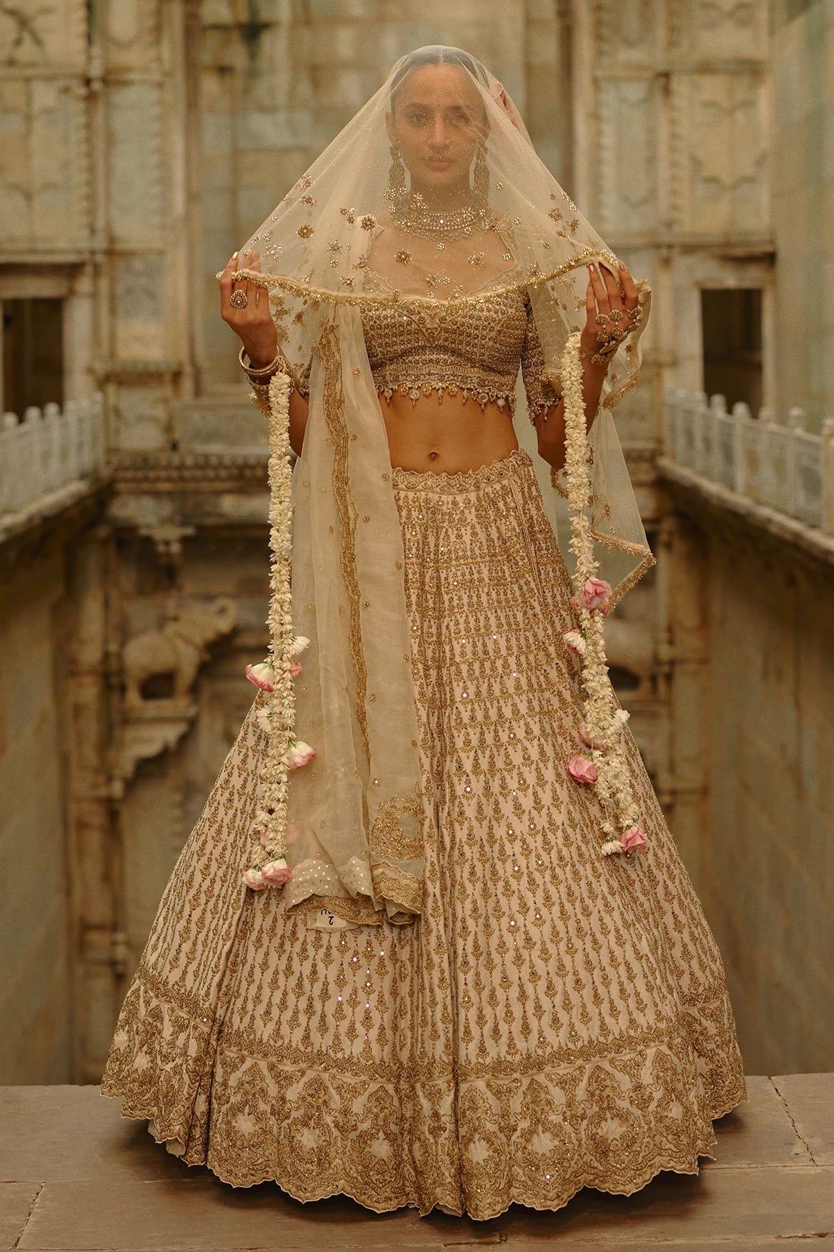 Cream Monga Lehenga Set