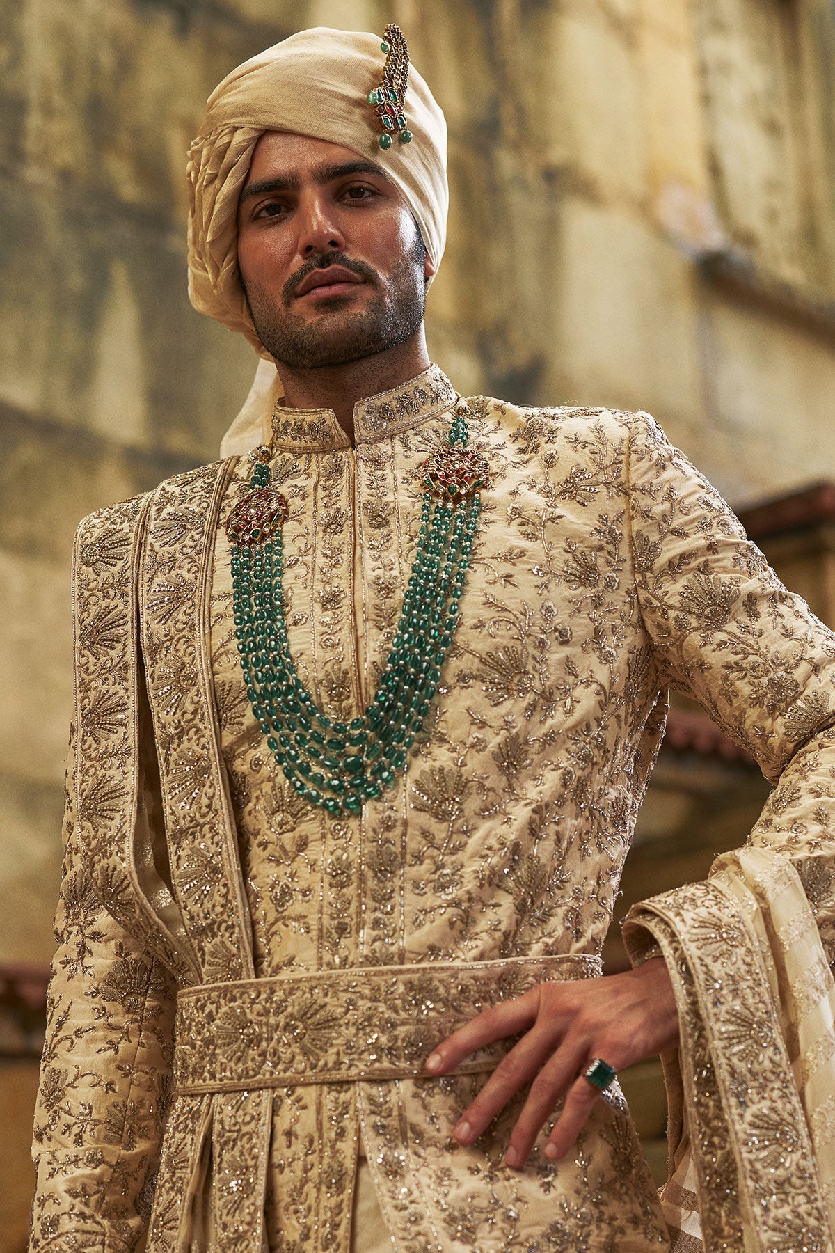 Cream Taffeta Sherwani Applique And Zardozi Jaal Set