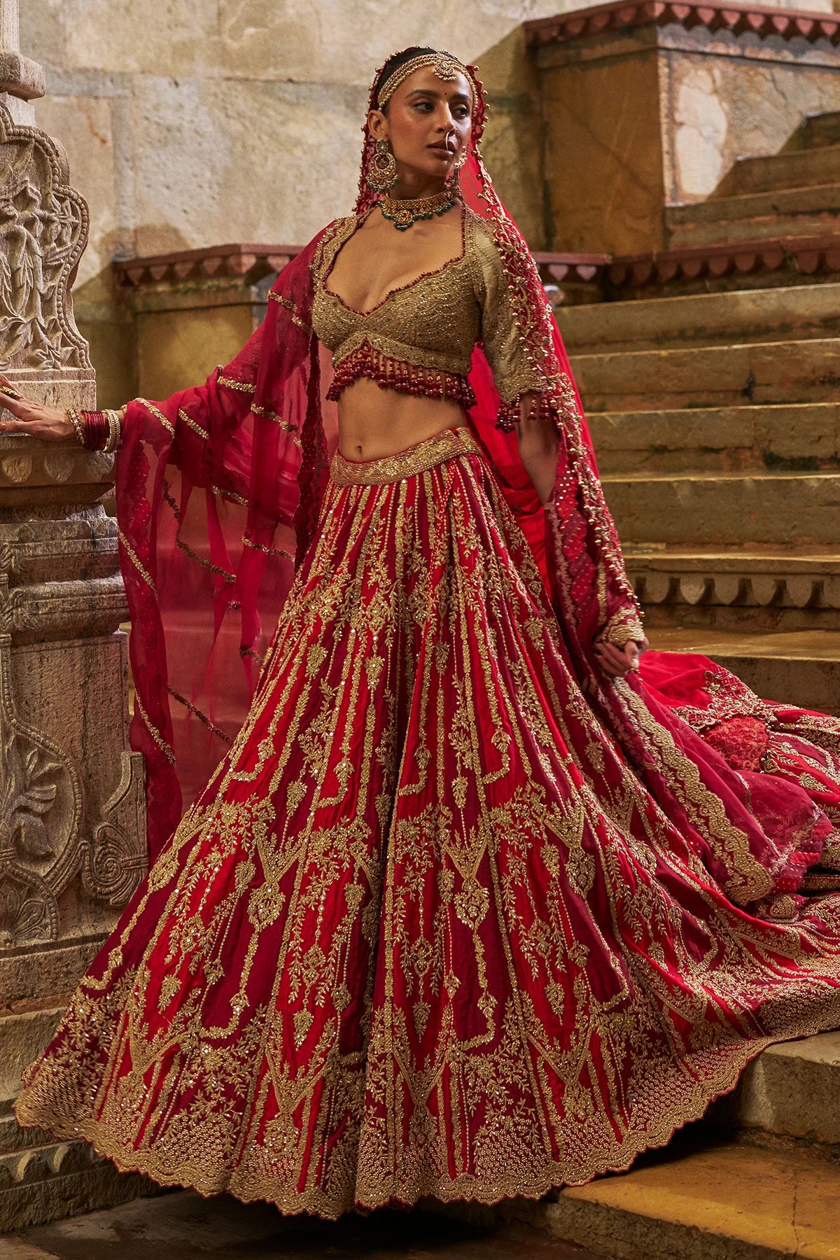 Red Maroon Raw Silk Lehenga Set