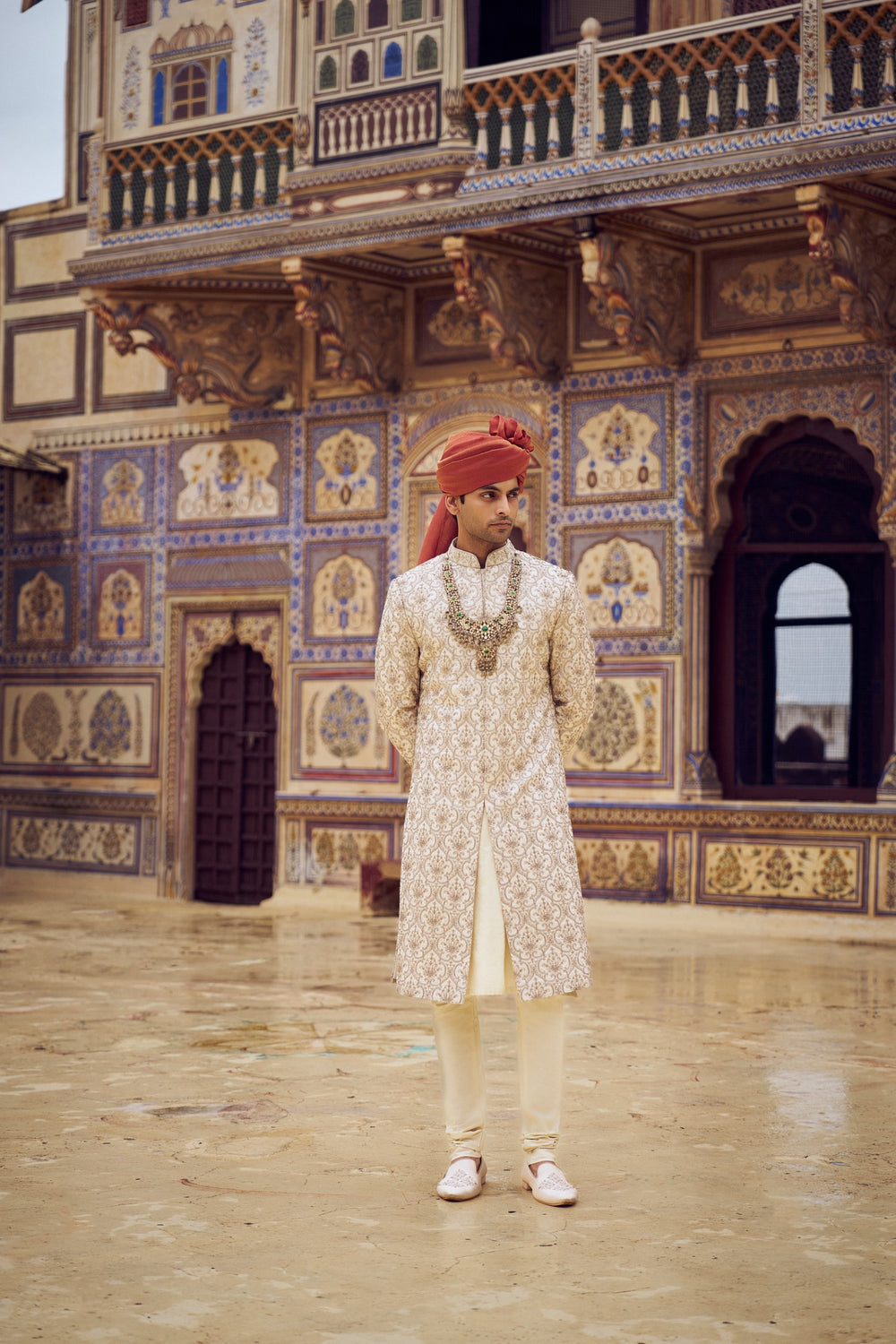LIGHT BEIGE RAW SILK SHERWANI WITH KURTA CHURIDAR AND OPTIONAL WORKED STOLE BELT AND JUTIS