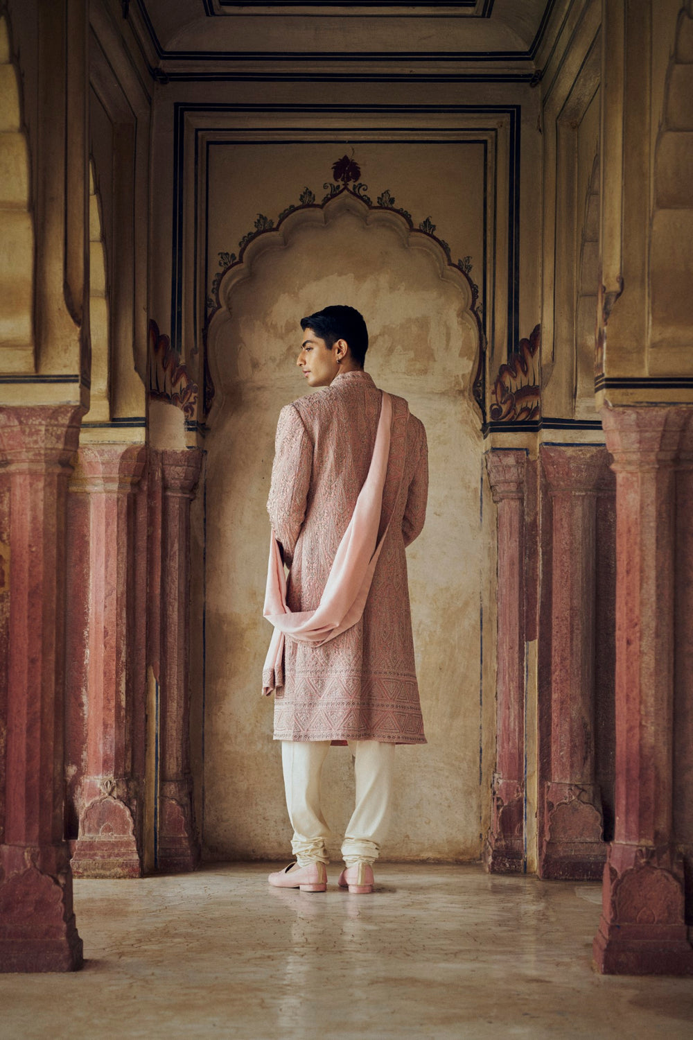 DUSTY ROSE PINK SHERWANI WITH KURTA CHURIDAR WITH OPTIONAL STOLE, BELT AND WORKED JUTI