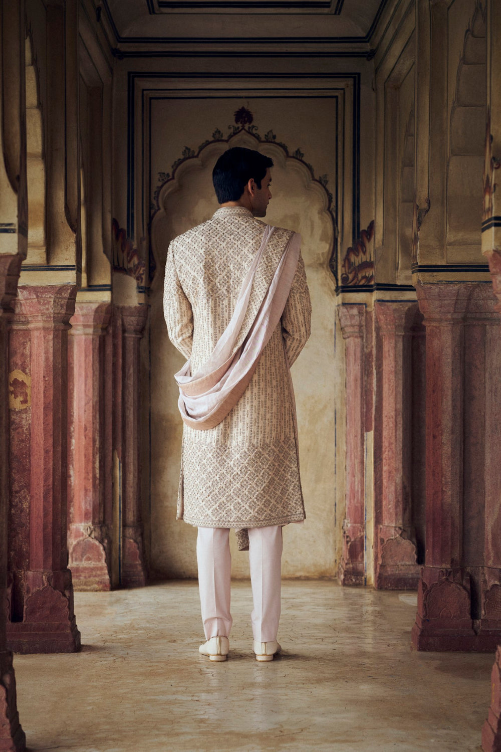 BLUSH RAW SILK SHERWANI WITH KURTA AND TROUSER WITH AN OPTIONAL STOLE, WORKED BELT AND WORKED JOOTI