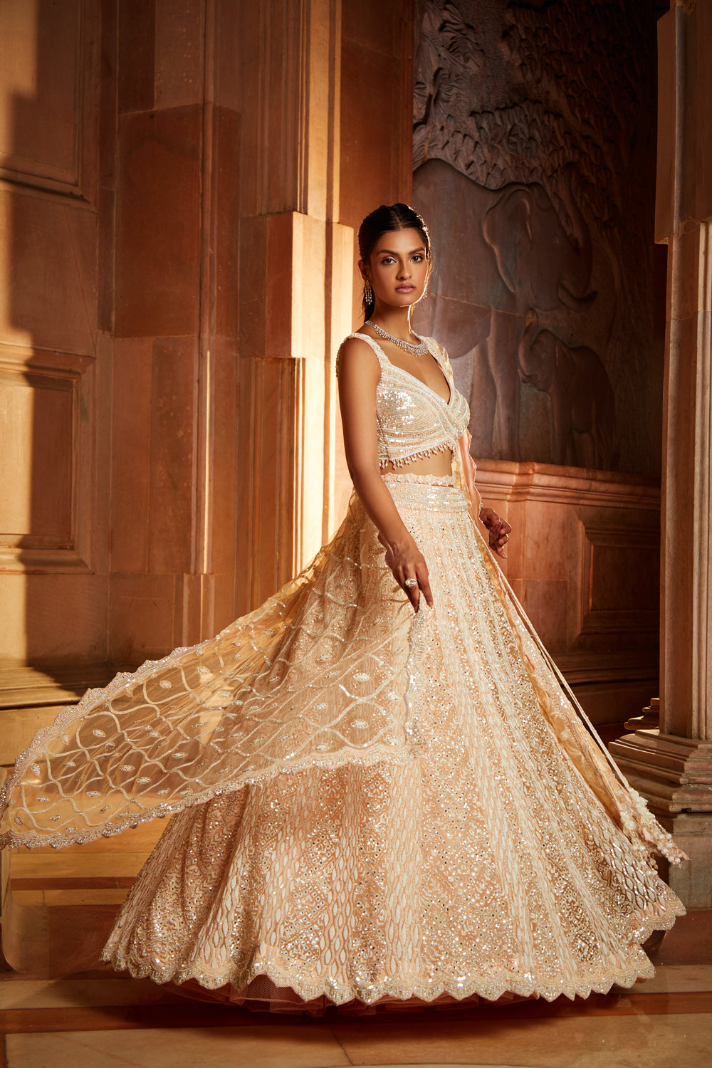 Nude Pink Tulle Lehenga Choli Dupatta Set with Worked Belt