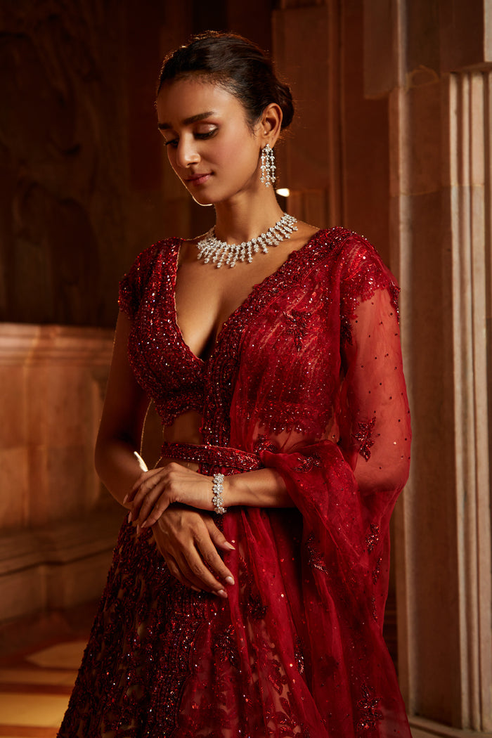 Nude Tulle Lehenga Choli with worked Belt and contrasting Organza Dupatta with an Optional Tulle Veil