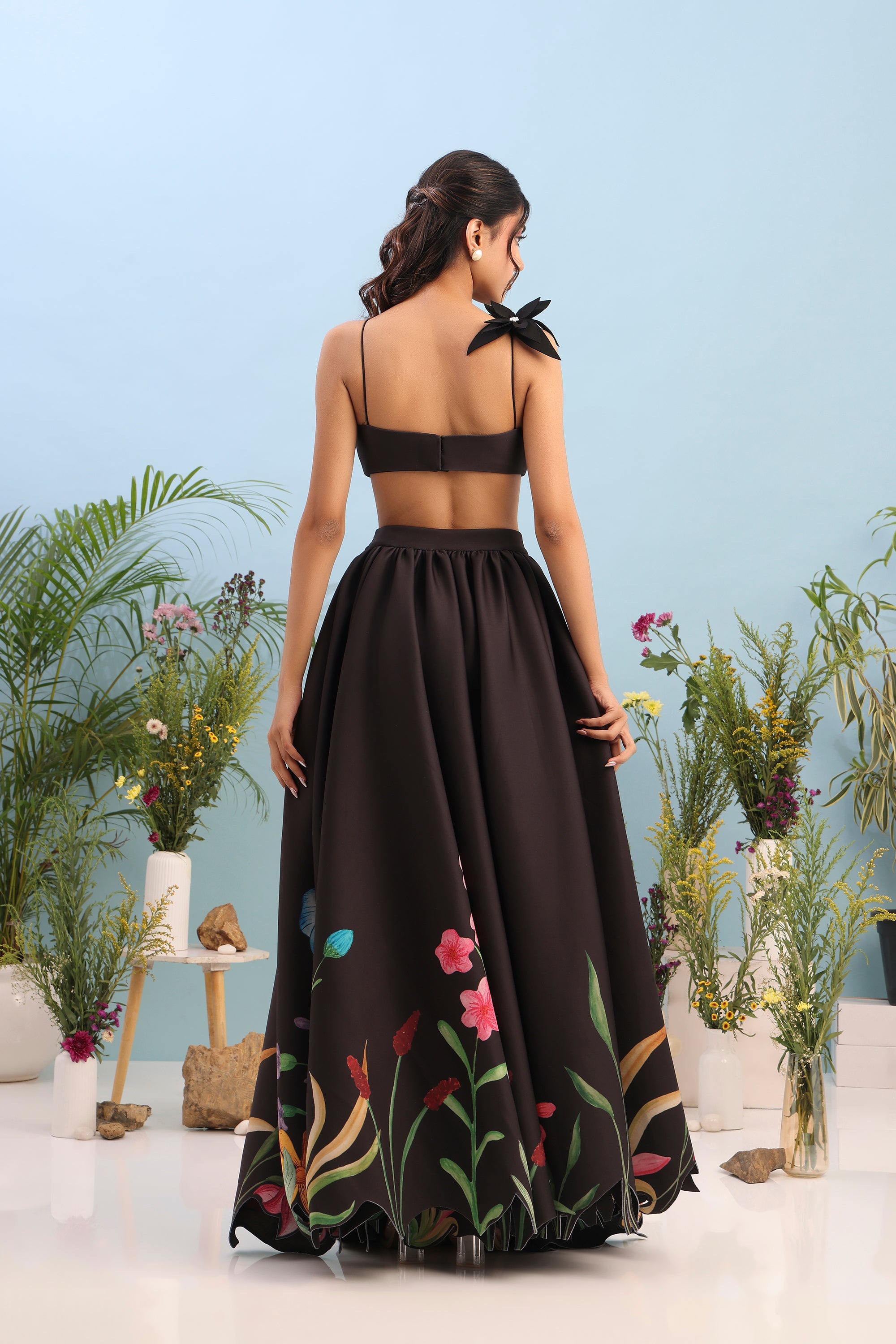 BLUSH FLARED PRINTED DRESS WITH FLOWER