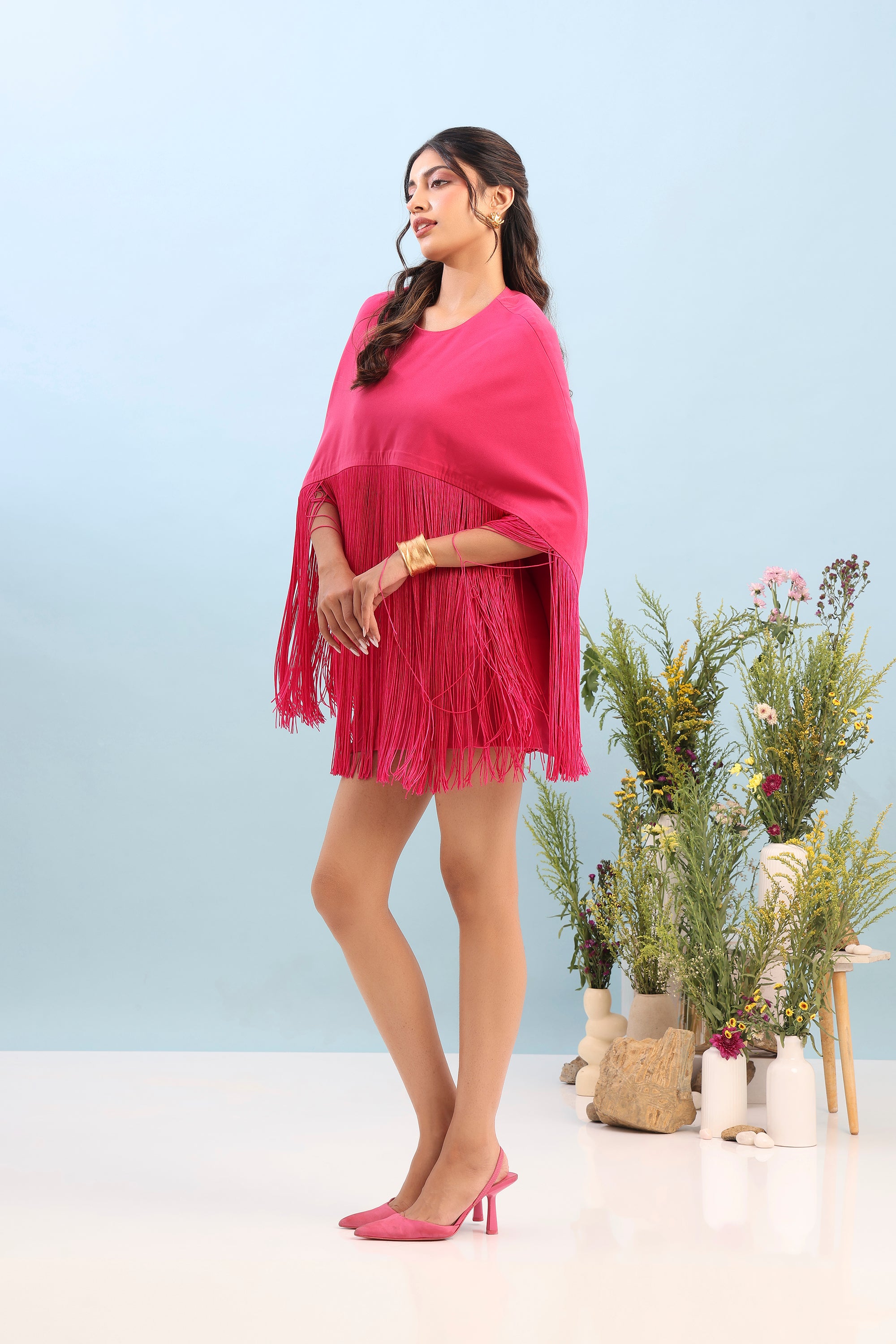 MICRO SHORT DRESS WITH FRINGE OVERLAY