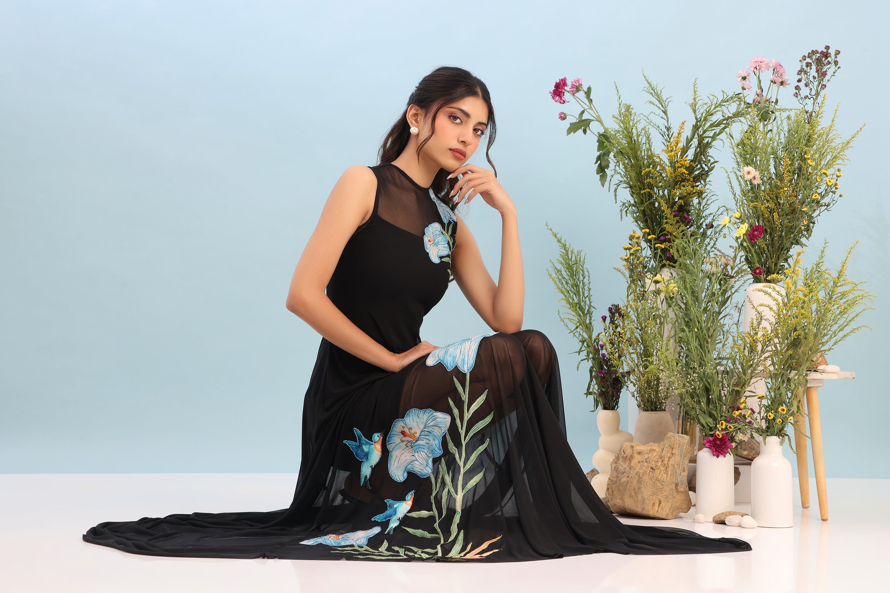 SHORT NEOPRENE DRESS WITH STRETCHNET EMBRO OVERLAY