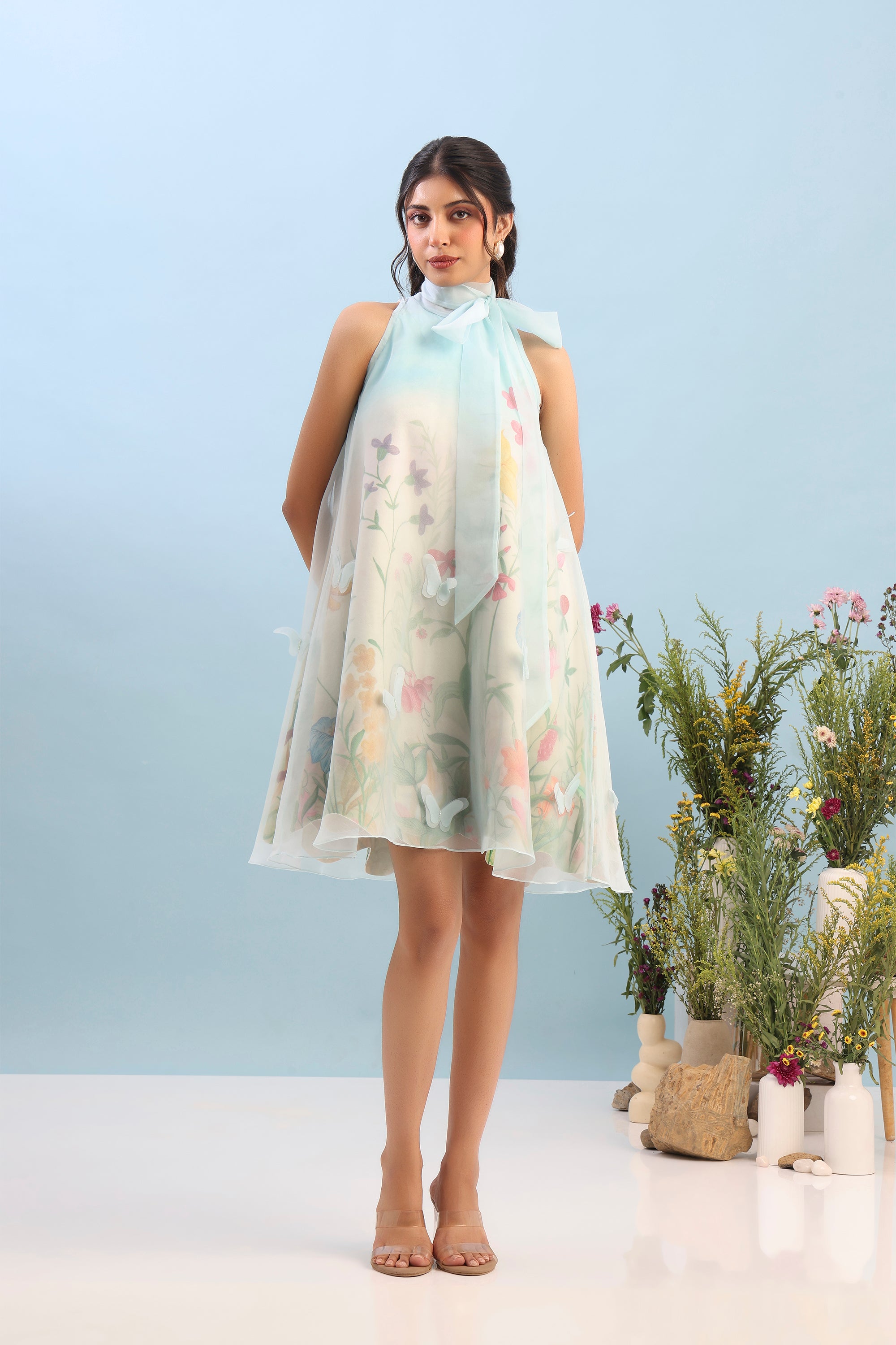 SHORT PRINTED DRESS WITH ORGANZA OVERLAY