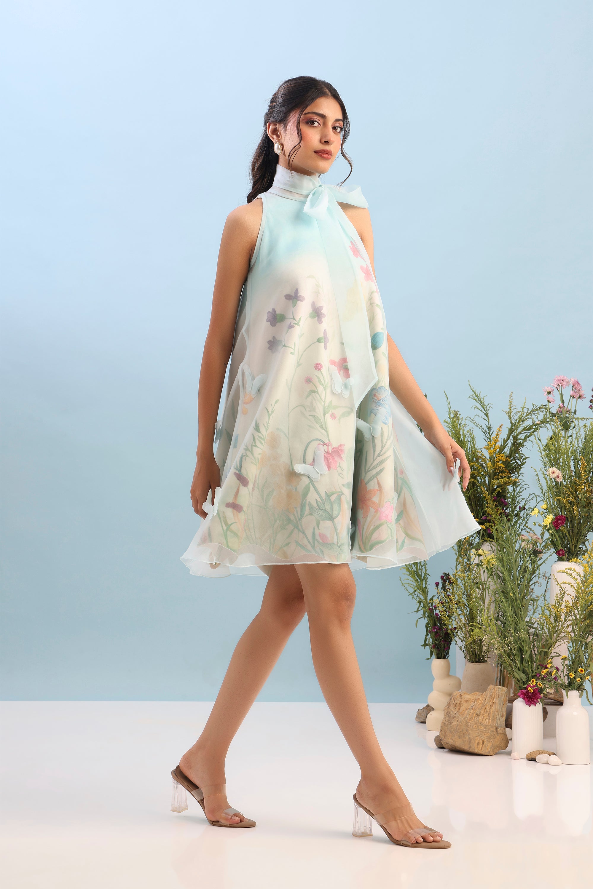 SHORT PRINTED DRESS WITH ORGANZA OVERLAY