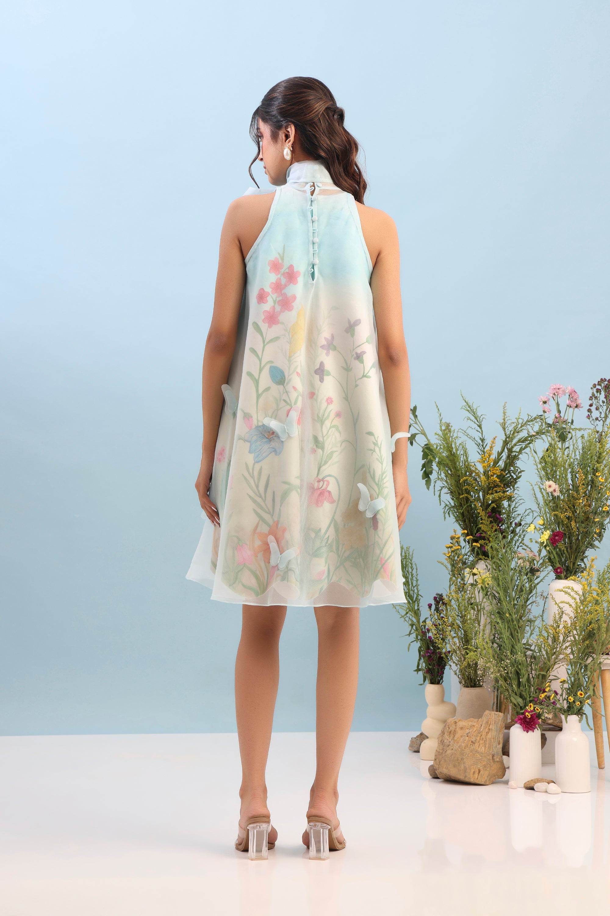 SHORT PRINTED DRESS WITH ORGANZA OVERLAY