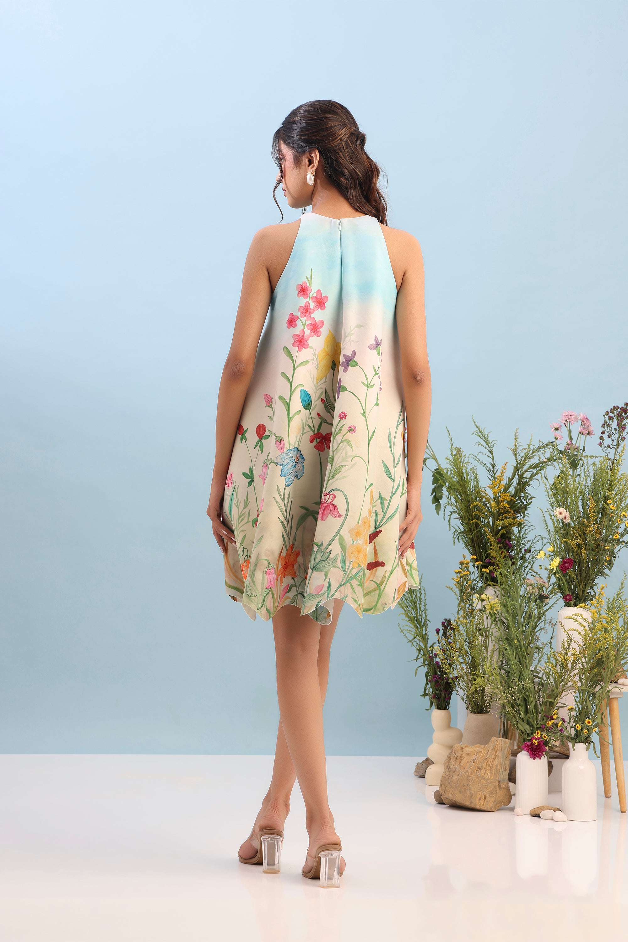 SHORT PRINTED DRESS WITH ORGANZA OVERLAY