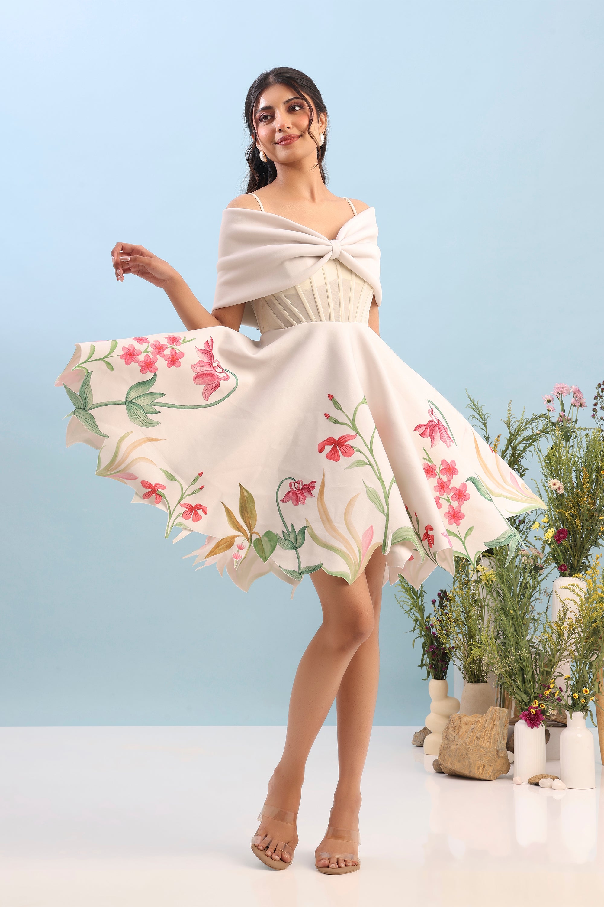 CORSET BODY SHORT PRINTED DRESS WITH DETACHABLE