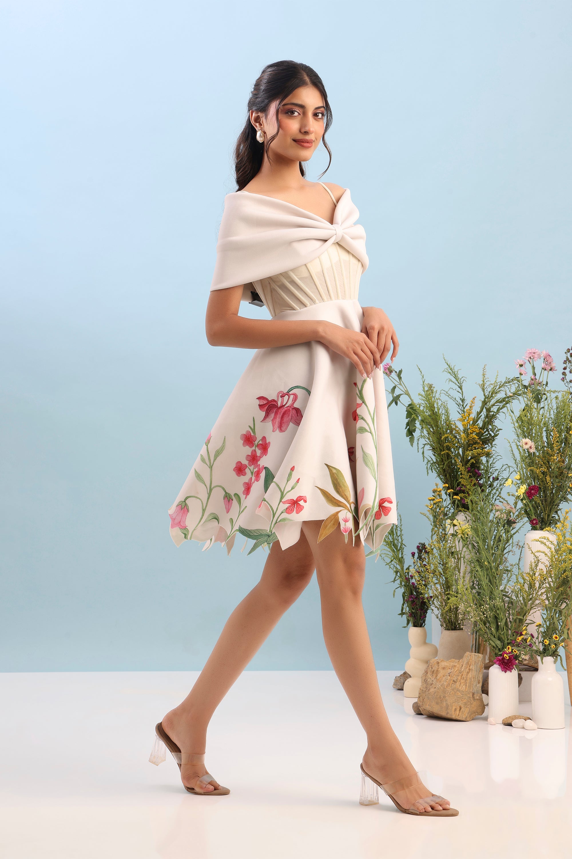 CORSET BODY SHORT PRINTED DRESS WITH DETACHABLE