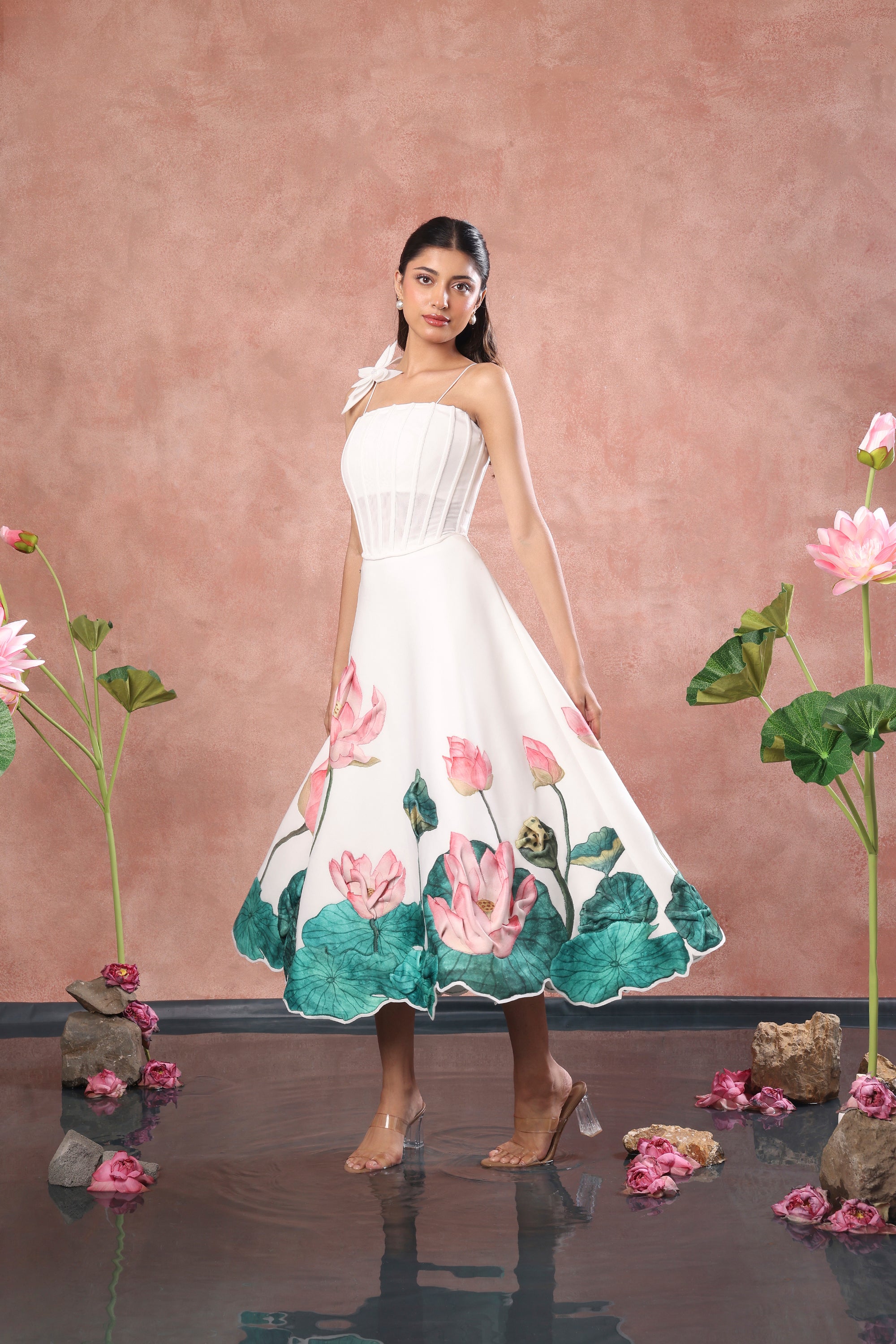 PRINTED SKIRT WITH CORSET AND FLOWER
