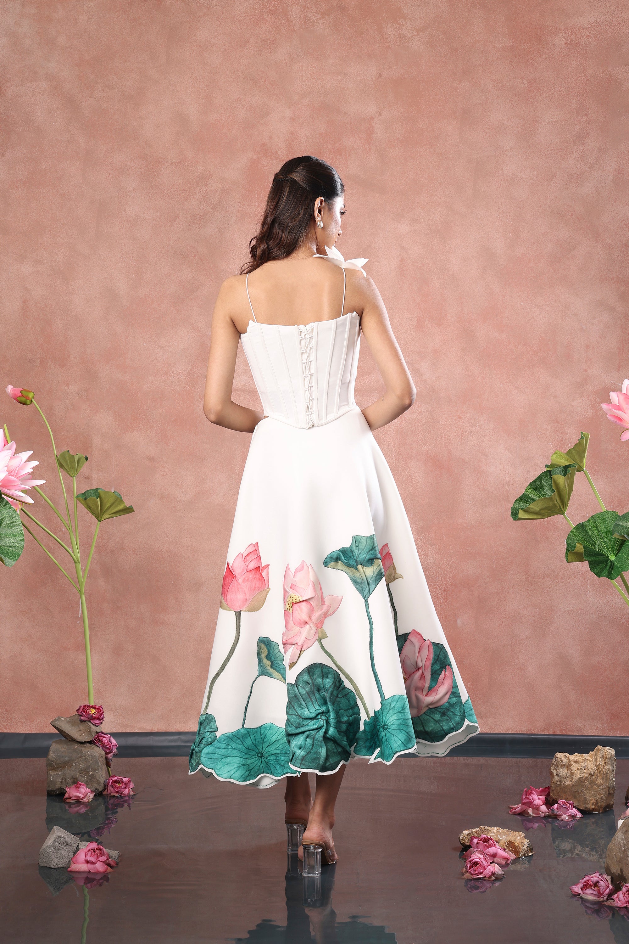 PRINTED SKIRT WITH CORSET AND FLOWER