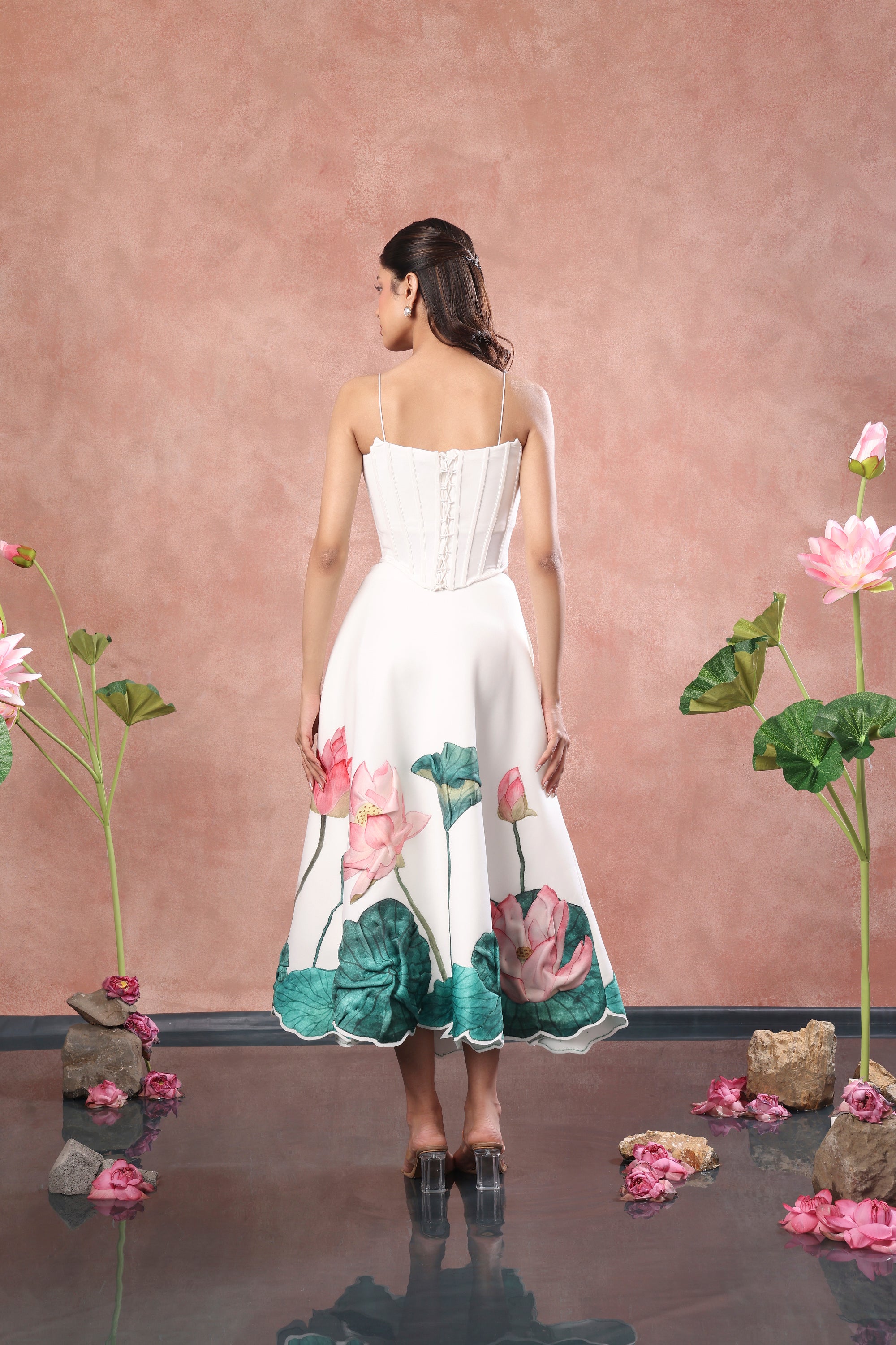 PRINTED SKIRT WITH CORSET AND FLOWER